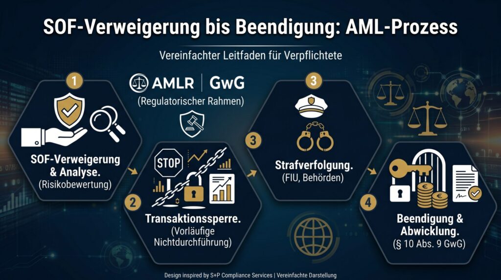 SOF-Verweigerung, Verdachtsmeldung, Transaktionssperre und Restguthabenabwicklung: Einordnung nach AMLR, GwG und Strafverfolgungspraxis